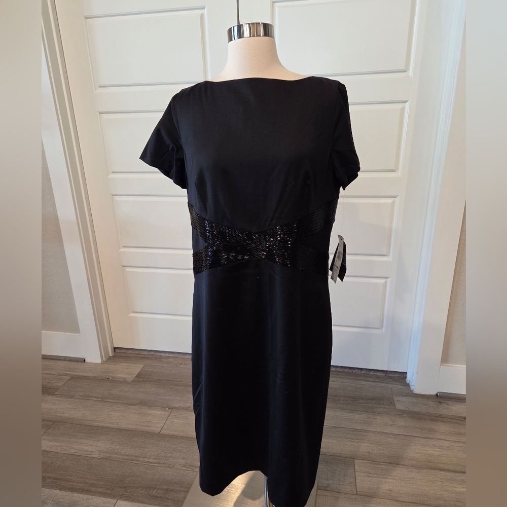 ANNE KLEIN NEW YORK WOMEN'S BLACK STRETCH DRESS WITH SEQUIN WAIST SIZE 12 NWT